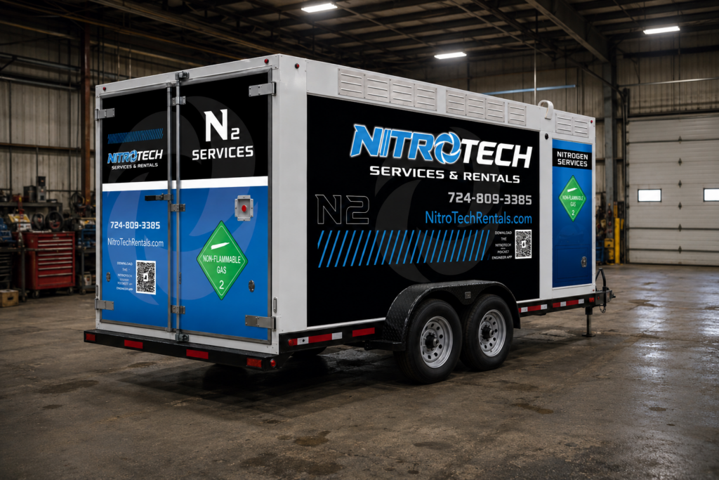 NitroTech high-pressure N2 nitrogen trailer staged at an indoor facility