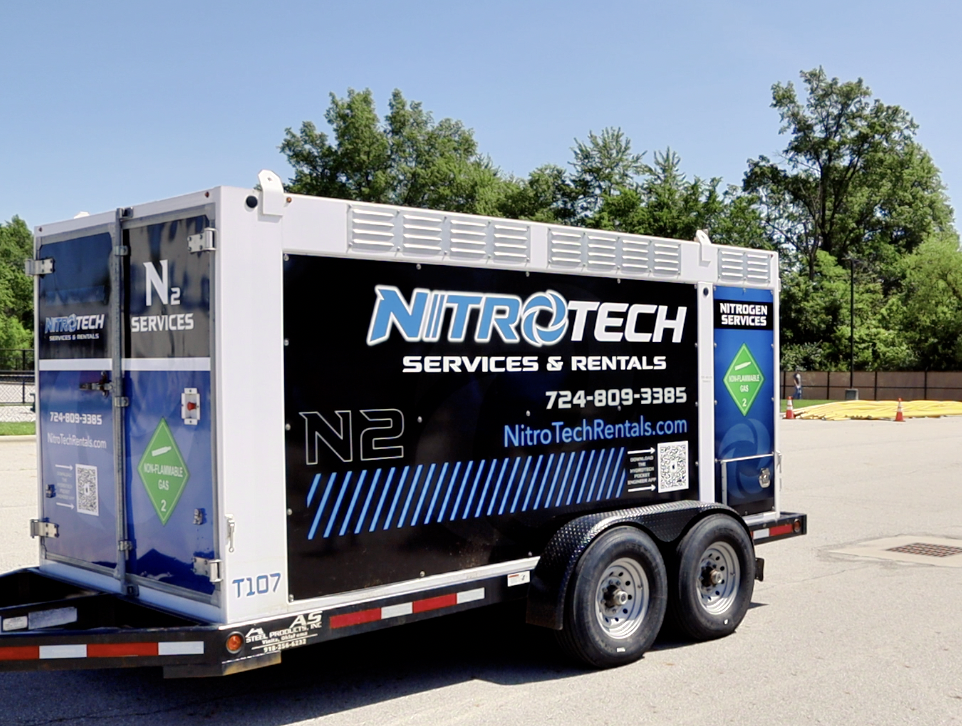 NitroTech N2 nitrogen trailer real field photo — side view with NitroTech branding, 724-809-3385 contact, NitroTechRentals.com URL